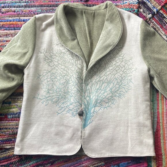 Unique Boho Fantasy Tree of Life Jacket Single Button Emblishment Sage Teal Blue - Picture 6 of 12
